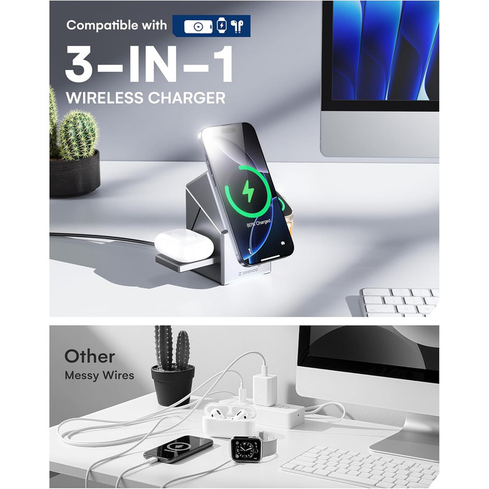 ZEEHOO 3-в-1 зарядний станція для Apple MagSafe: зарядка для iPhone, Apple Watch та AirPods (30W USB-C), сірий