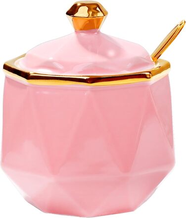 Sugar bowl with lid and spoon, 270 ml ceramic sugar bowl, multifunctional sugar container, spice container, salt shaker, spice dishes, sugar bowl for the kitchen, organization, 280 ml (pink)