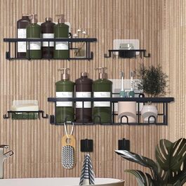 Набір з 6 полиць для душу без свердління, чорний колір, полиця для ванної кімнати з мильничкою, гачки з нержавіючої сталі SUS304, тримач для шампуню, органайзер для кухні/ванної кімнати/автобуса