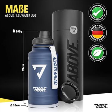 Металева пляшка для води 1.3 л синя – нержавіюча сталь, BPA-free, герметична, з додатковою кришкою для спорту, фітнесу, активного відпочинку, подарункова коробка