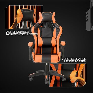 Ігрове крісло Baroni Home Gaming — ергономічний офісний стілець з підголівником, поперековою підтримкою та регульованою спинкою, помаранчевий