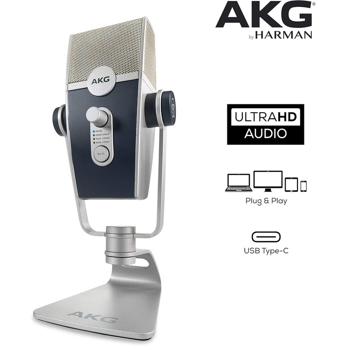 Мікрофон конденсаторний AKG Ara USB-C, для подкастів, відео, геймінгу та стрімінгу, синьо-срібний