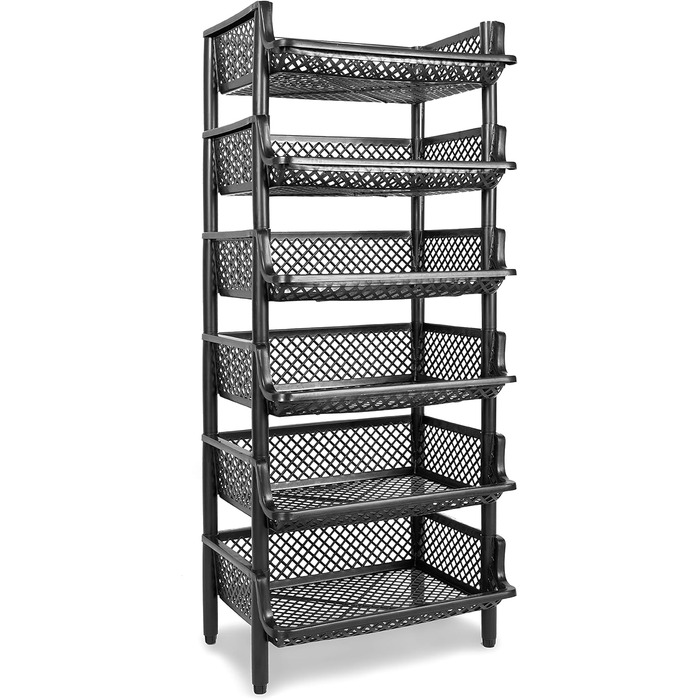 Plastic shelf system, stackable/expandable plug-in system as a stacking shelf, 6 shelf elements in black