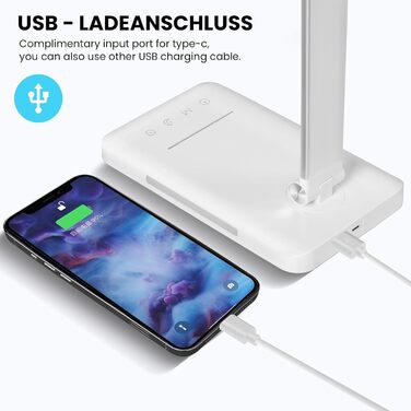 LED лампа настільна диммерна - 560LM, офісна лампа з 5 режимами кольору та 10 рівнями яскравості, з нічним світлом, USB-порт, функція пам'яті та таймер, 10W - білий сріблястий колір