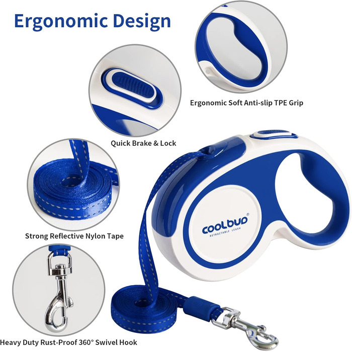 Рулетка для собак, 4.6 м, для малих, середніх та великих собак до 110 кг, міцна, з гальмом та фіксацією, зелена/синя (Large)