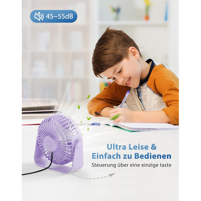 USB-настільний вентилятор TriPole: 3 швидкості, регульований, сильний потік повітря, 360° оберт, кабель 1,5 м, портативний міні-вентилятор (фіолетовий)