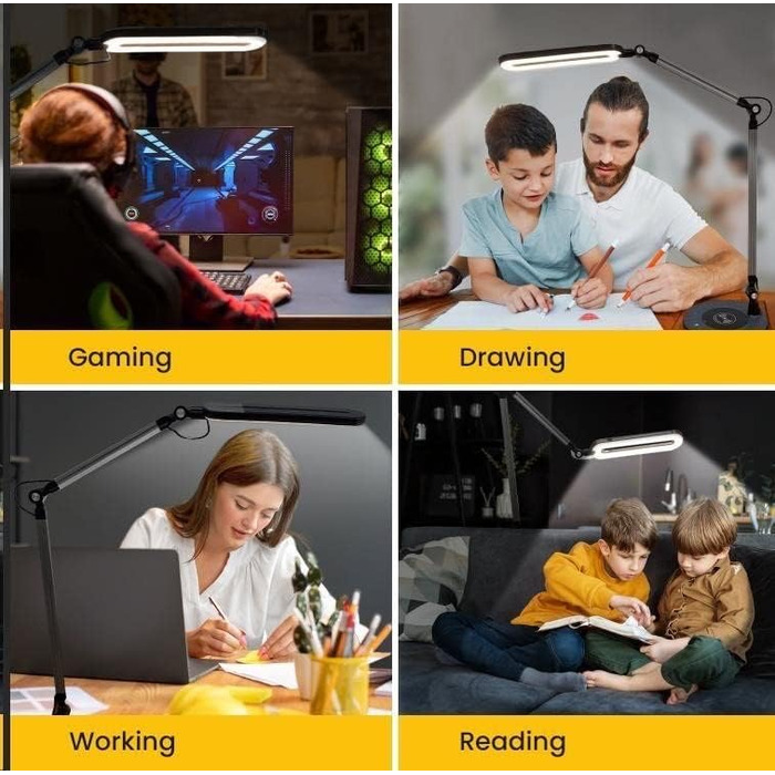 LED лампа для столу OTUS з регулюванням яскравості та бездротовою зарядкою (Qi) | Регульована настільна лампа з 3 кольоровими режимами та 12 рівнями яскравості | Захищає зір для дому та офісу