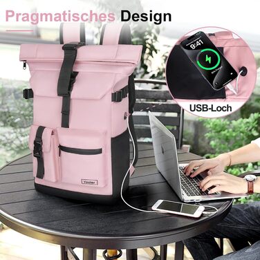 Roll-top Backpack Waterproof, 27L Large Backpack Men Women, School Backpack with 17.3 Inch Laptop Compartment, Travel Backpack Hiking Backpack for Business Work College Travel Leisure (Pink)
