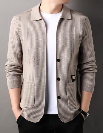 Чоловічий в'язаний жакет з ревером та довгими рукавами, з кишенями, бежевий, для осені