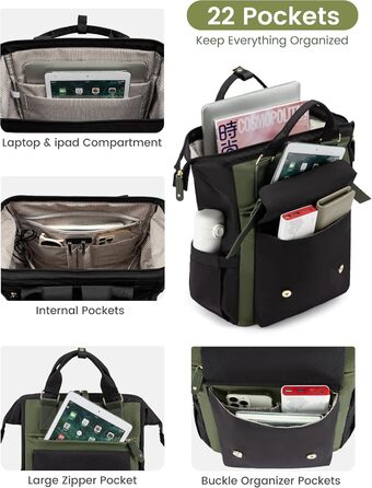 LOVEVOOK Рюкзак для жінок великий, водонепроникний, рюкзак для подорожей, ручна поклажа, рюкзак для літака з кишенею для кабелю, сумка для ноутбука, рюкзак для щодня, для школи, університету, бізнесу, подорожей (15.6', армійний зелений + темно-зелений)