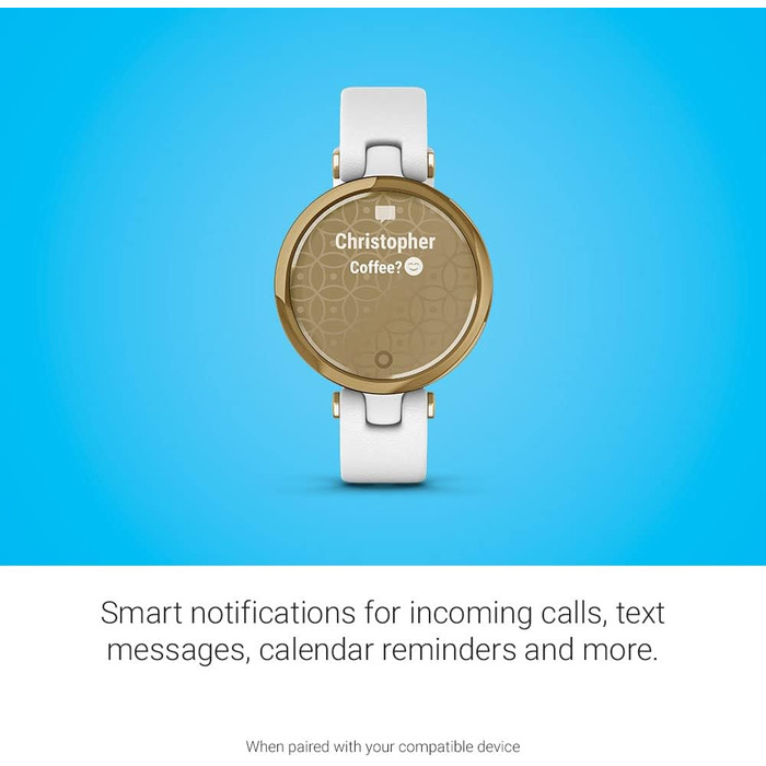 Garmin Lily™ – класичний розумний годинник з сенсорним екраном та декорованим корпусом, світло-золотистий з білим шкіряним ремінцем