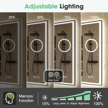 Дзеркало для ванної кімнати S'bagno з підсвічуванням 100x70 см, LED, з пам'яттю, антизапар, 3 колірні температури, регулювання яскравості, HD скло, IP44, горизонтальне/вертикальне (з 5-кратною лупою та Bluetooth)