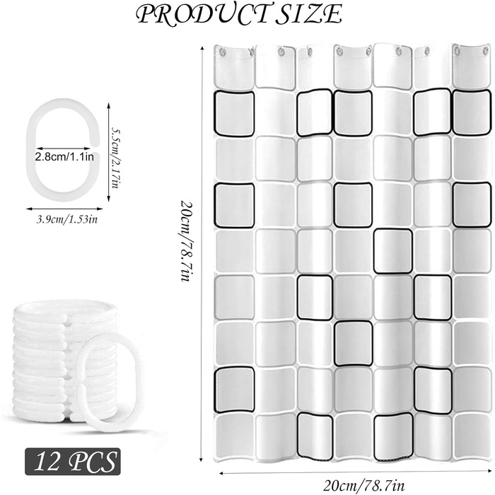 Шторка для душу 200x200 см, PEVA, антигрибкова, водонепроникна, пральна, з 12 кільцями, для душу та ванни