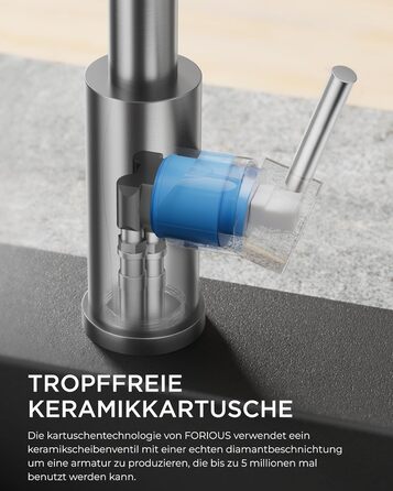 Змішувач кухонний FORIOUS висувний з душем, шланговий, нержавіюча сталь, 360° обертання, 2 режими, L-подібний