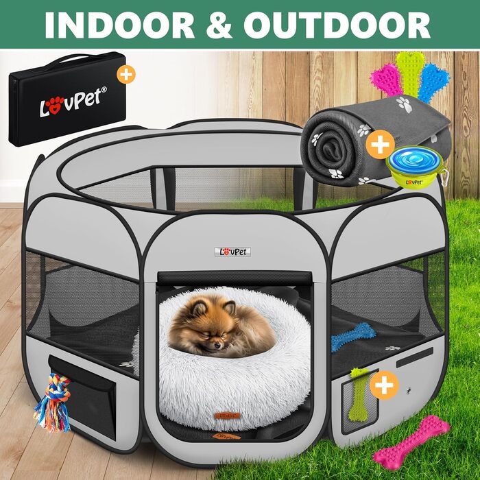 LOVPET® Pop-Up Dog Playpen with Bowl & Fleece Blanket - Portable Indoor/Outdoor Pet Pen for Small Dogs & Cats - Oxford Fabric