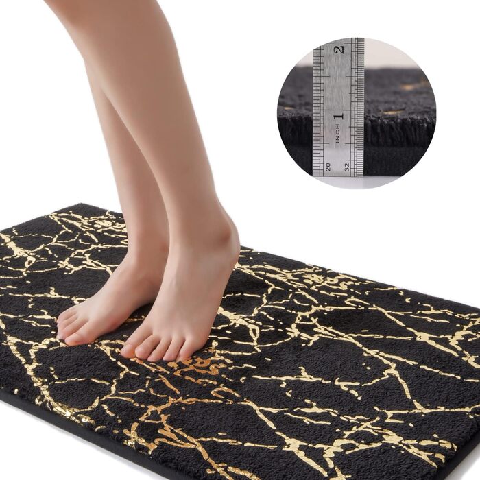 QJHOMO Non-Slip Bath Mat Washable, Bathroom Rug, Toilet Rug with Cutout Black Bathroom Carpet, Gold Decorative Toilet Rug Luxury Bathroom Accessories, soft Microfiber Absorbent Bath Rug 50x50 cm 50 x 50 cm with Toilet Cutout Black and Gold