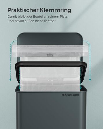 Відро для сміття SONGMICS 40 л з педаллю, сталеве, Softclose, сірий антрацит, з мішками (LTB540A02)