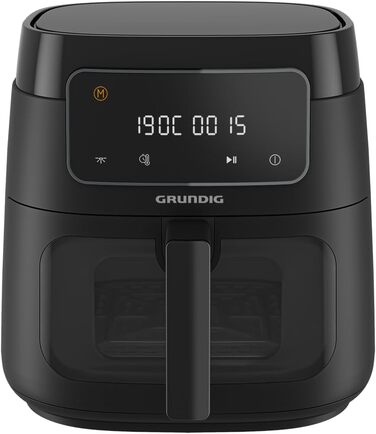 Аерофритюрниця Grundig FRY 7320, 7,6 л, 1750 Вт, сенсорний дисплей, велике оглядове вікно, регулювання температури і часу, антипригарне покриття, кошик для посудомийки, чорна
