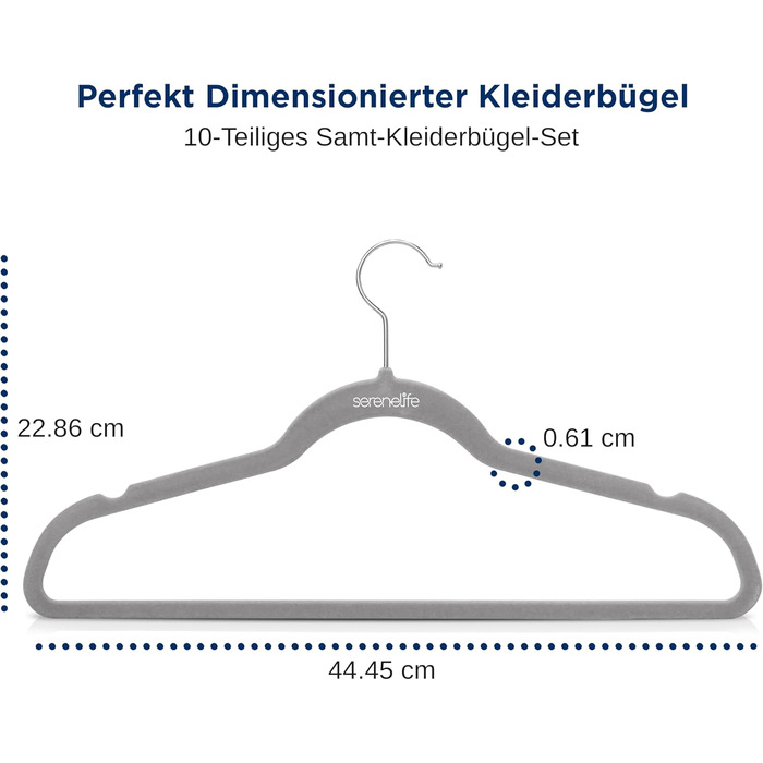 Плечики для одягу SereneLife 10 шт. з оксамиту – економія місця, неслизькі, поворотний гачок 360°, для зберігання та організації одягу, сірі