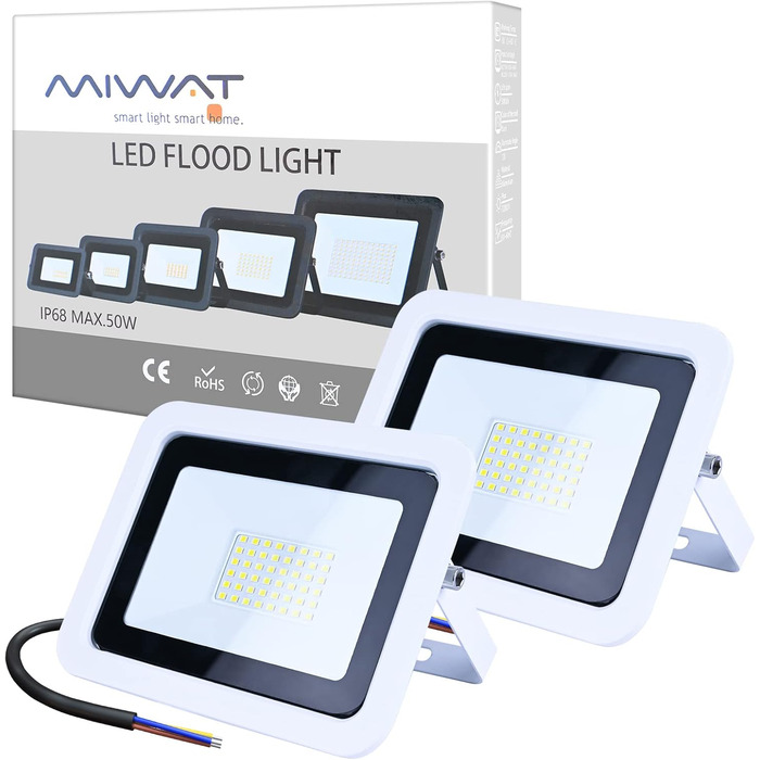 MIWATT LED Floodlights Outdoor 2 Pack, 50W LED Floodlight, Super Bright 4000LM Outdoor Floodlight 6000K Cool White IP68 Waterproof Outdoor Light, Outdoor Lamp for Backyard, Driveway, Doors, Garage, Hallway, Garden