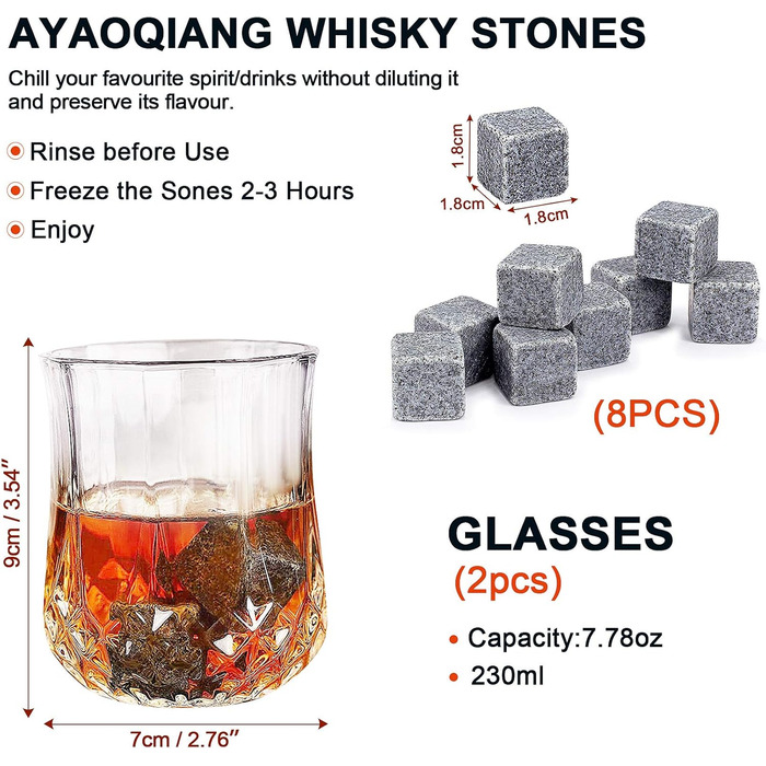 Набір для віскі з кубиками льоду – 8 шт. та 2 склянки, дерев'яна коробка, подарунок для чоловіків та жінок