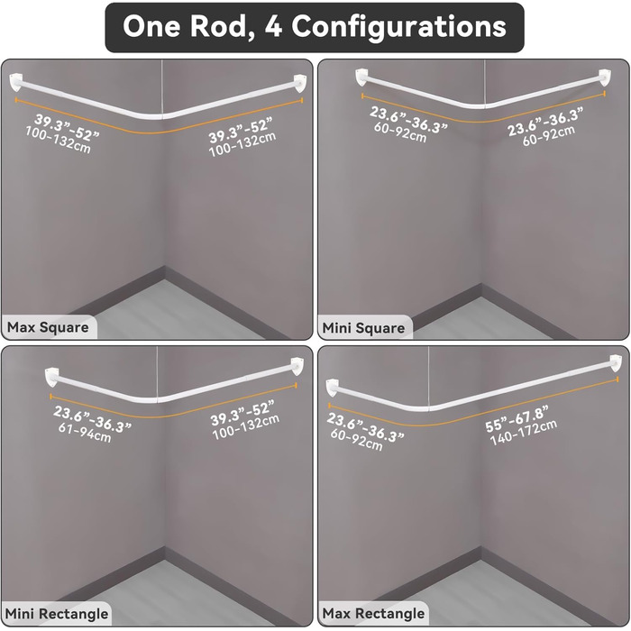 Штанга для душу L-подібної форми, регульована, з 12 кільцями та опорою для стелі, для ванни/ванної кімнати, білий, 60-130см x 60-130см
