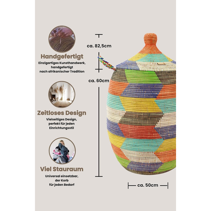 YAADU Laundry Basket with Lid 100L - XXL Laundry Collector, Large Laundry Basket, Laundry Container, Laundry Bin, Basket with Lid, Laundry Boxes, African Basket, Ubuntu Model (Colorful)