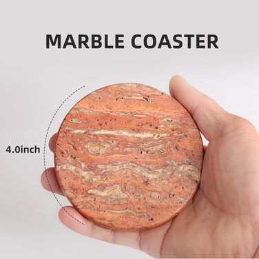 HAMAKAWA Genuine Natural Marble Coasters, Set of 4, Red Stone Coasters Φ10cm, Modern Round Travertine Drink Coasters for Home Decoration, Coffee Table, Office
