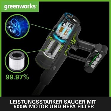 Бездротовий акумуляторний пилосос Greenworks GD24SV 5-в-1, 500W, Hepa-фільтр, насадка для шерсті тварин, 45 хвилин роботи, 3 режими, без акумулятора та зарядки