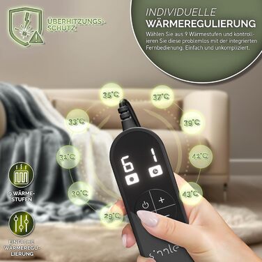 Електрична гріюча ковдра Sinnlein® з автоматичним вимкненням 160 x 120 см | 9 температурних режимів | Ковдра для ліжка, дивана | Електрична ковдра з таймером, цифровим дисплеєм, чорна