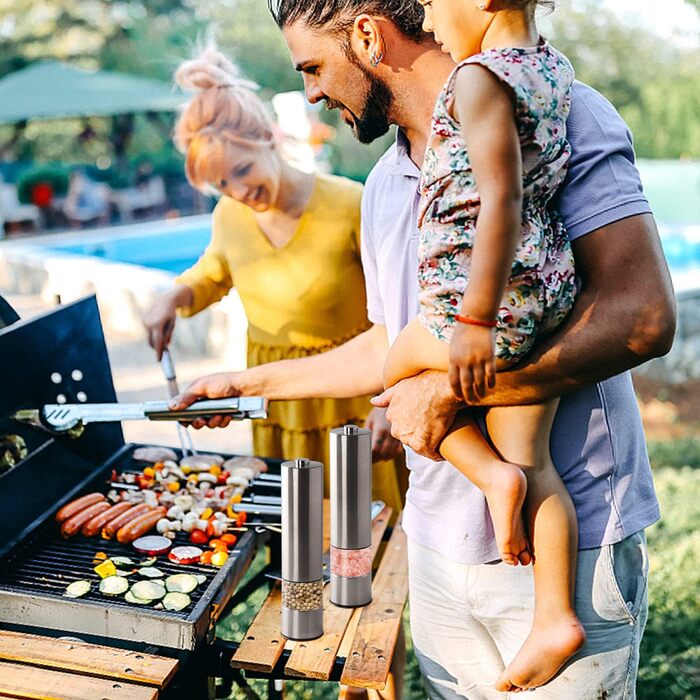 Електричні соляні та перечні мельниці 2 шт. з нержавіючої сталі, регулювання помелу, світлодіодне підсвічування (сріблясті)