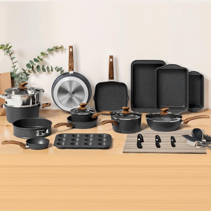 Набір каструль та сковорідок DishDelight 30 предметів з антипригарним покриттям, гранітне покриття, з кришками, зелений (чорний)