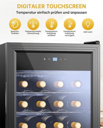 WIE 33 Liter Wine Fridge - 1 Zone Mini Wine Cooler with Glass Door & LED Touch Panel - Anti-UV Wine Storage for 28 Bottles