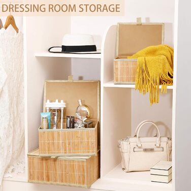 Honeycomb Storage Basket with Lid, Woven - Bamboo Decor Storage Boxes, Set of 3 Rattan Basket with Lid, Woven Fabric Insert for Bathroom, Kitchen, Shelf Organization (Large/Medium/Small)