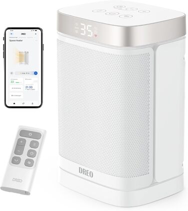 Обігрівач Dreo Atom One S: енергоефективний, тихий, 1500W з Wi-Fi, пультом ДУ, осциляцією 70°, 12-годинний таймер, 3 режими, 3 швидкості, PTC кераміка, білий