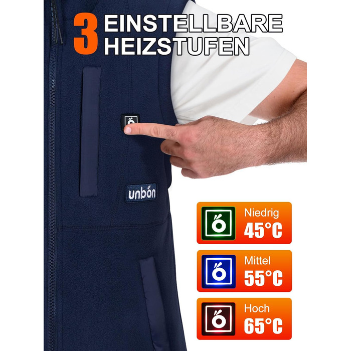 UNBON Гріюча жилетка з флісу, чоловіча жилетка з підігрівом, жилетка з Powerbank 10000mAh USB, 3 режими нагріву, 6 зон нагріву (XXL, Синій)