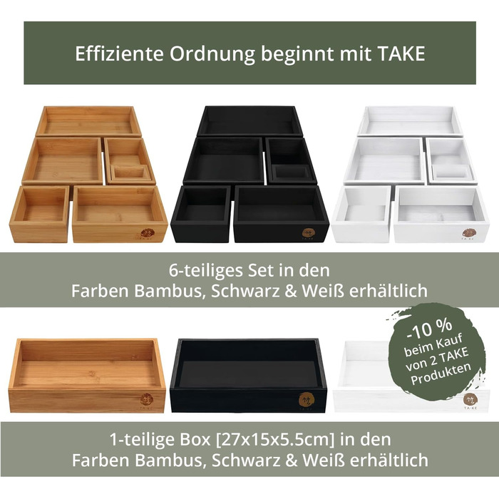 TAKE® 6-Piece Drawer Organizer Set made of 100% Natural Bamboo - Boxes in various sizes for Kitchen, Bathroom & Office, Vanity Organizer, Drawer Organizer