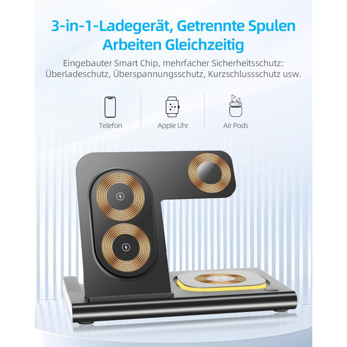 Бездротовий зарядний пристрій Carehabi 3-в-1: для iPhone, Apple Watch та AirPods Pro