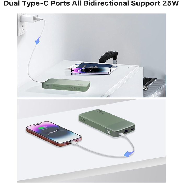 Power Bank Nobis 10000mAh 25W з USB-C кабелем, цифровою індикацією, зелений