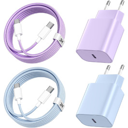 Зарядний пристрій USB-C 20W з кабелем Type-C 2м для iPhone 16/15/Pro/Air - комплект 2 шт. (Ліловий + Синій)