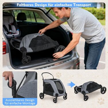 GOPLUS Складаний візок для собак, переносний для домашніх тварин на 4 колесах з кишенькою, сітковими віконцями та регульованою ручкою, візок для собак, розкладний, 60 кг, 67 x 98 x 88 см