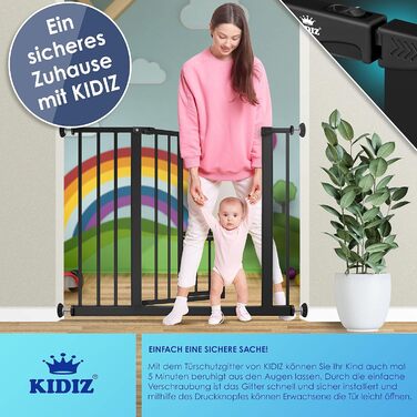 Захисне ворота KIDIZ для котів з люком, захист для дверей, ворота на сходи для дітей без свердління | Зупинка 90°, поворотні, білий колір, ширина (88-101 см)