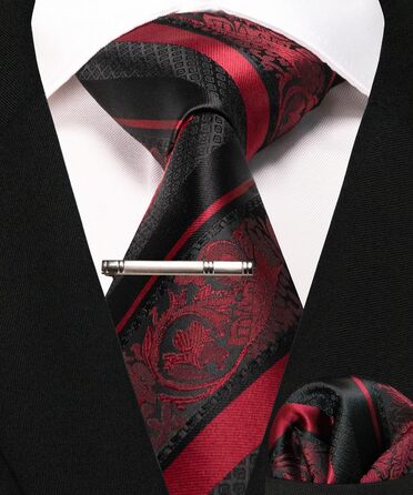 Набір краваток чоловічий JEMYGINS з поєднанням ромбічних візерунків та смужок, з краваткотримачем та кишеньковим хустиною, бордовий