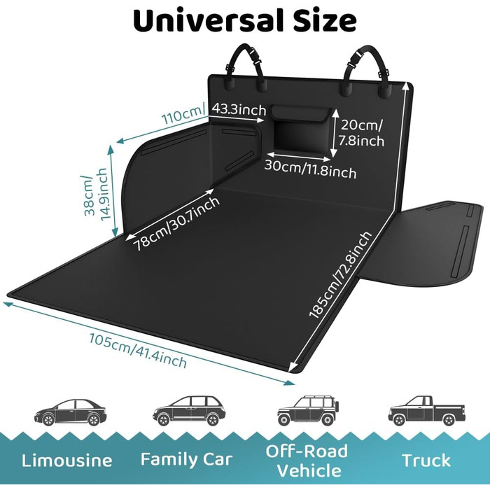 Захист для багажника автомобіля KYG: водонепроникний килимок для собак з боковими захистами, 185x105x38 см, чорний
