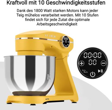 Кухонний комбайн KLAMER 1800W, планетарний міксер для тіста з чашею з нержавіючої сталі 6л (Premium Yellow)