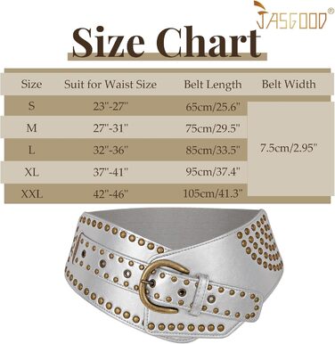 Жіночий вінтажний широкий еластичний пояс JASGOOD з пряжками, стрейч-пояс для карнавалу та косплею, 95 см (для талії 93-104 см), срібний, 75 см (для талії 69-79 см)