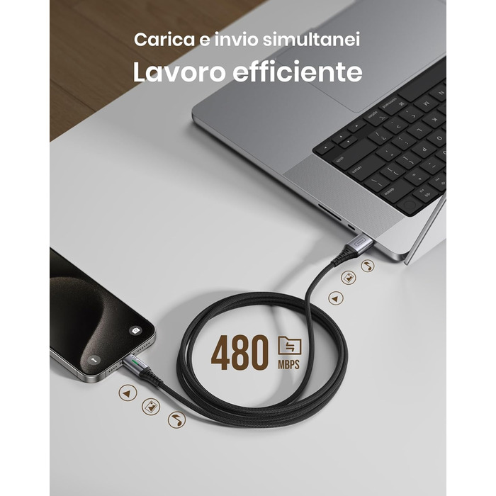 Кабель USB-C на USB-C, 3.1A, 0.3м, з LED-підсвіткою, нейлон, чорний - для iPhone, Samsung, Google Pixel