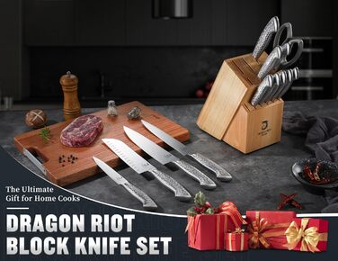 Dragon Riot 14-Piece Self-Sharpening Knife Set with Block - Professional Japanese Stainless Steel Kitchen Knives, Ergonomic Grip, 30cm