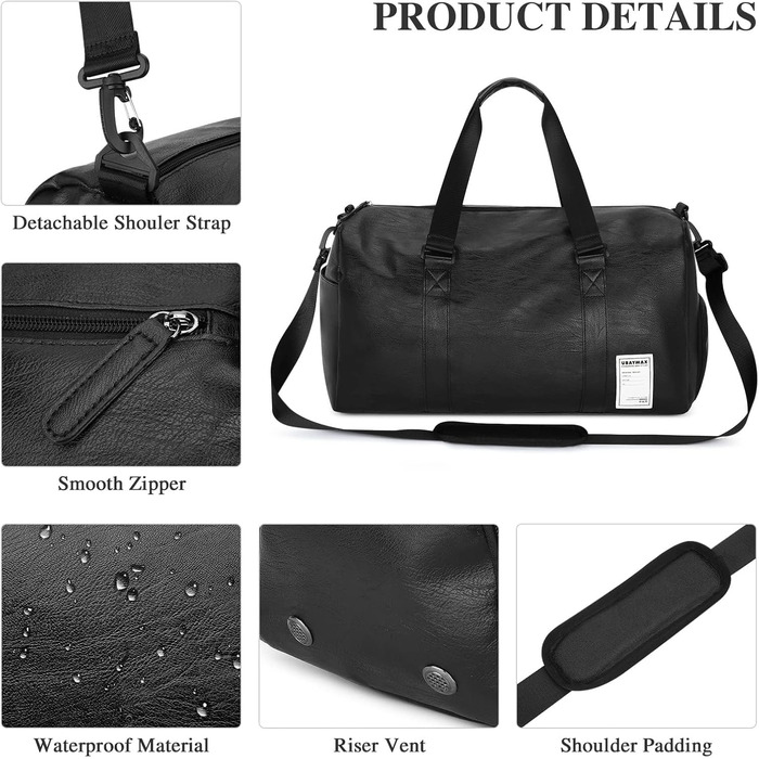 UBAYMAX Leather Sports Bag for Men, Travel Bag with Shoe Compartment and Wet Compartment, 37L Weekender Bag Carry-on Bag Training Bag Fitness Bag, Gym Bag Black