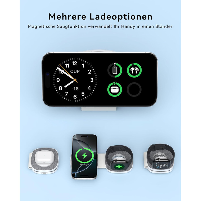 Зарядна станція 2-в-1 для Apple Watch та iPhone MagSafe (20W, сіра) - сумісна з iPhone 17e/Air/17/16/15/14/13/12 та Apple Watch Series 11/10/9/8/7/6/5/4/3/2/SE/Ultra, AirPods